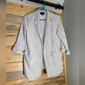 Anthropologie Skies Are Blue Blazer White Pinstripe 3/4 Sleeve Open Front